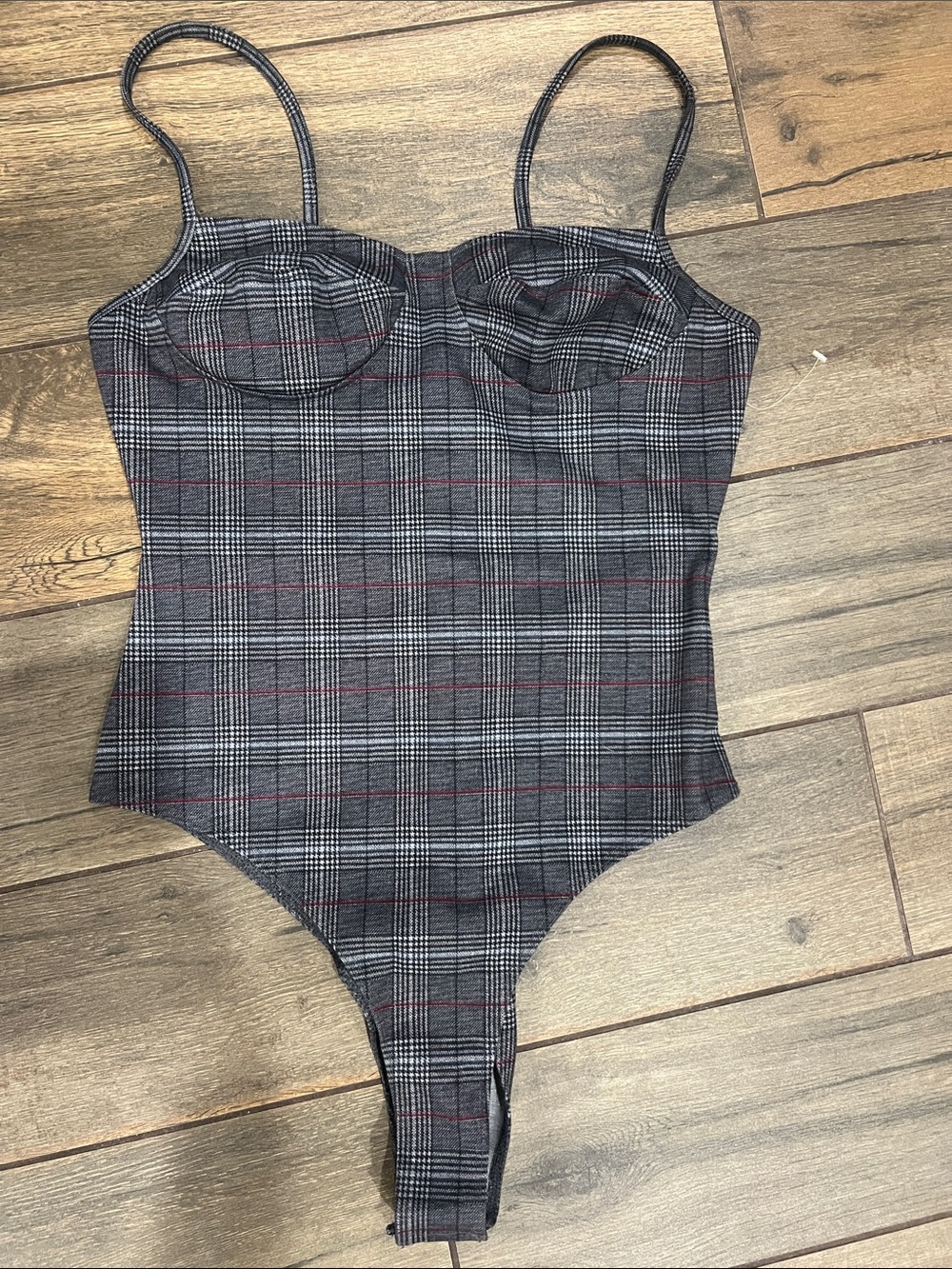 Charlotte Russe Gray Plaid Stretch Bodysuit with Red Accents